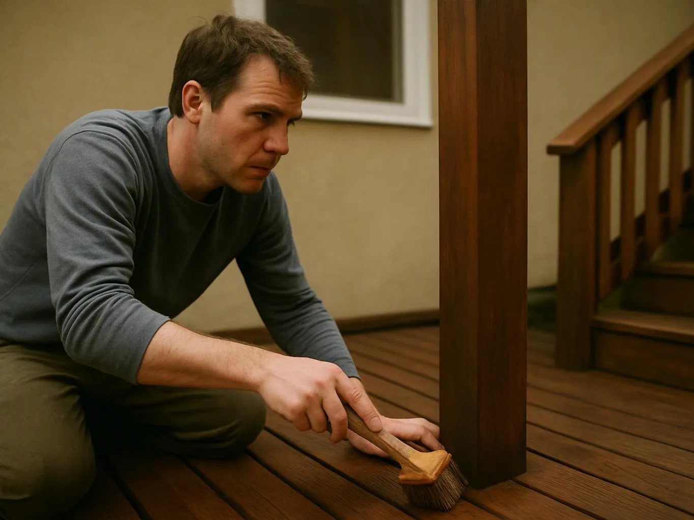 A man crouches on a wooden deck, brushing dust from the floor beside a post and stairs