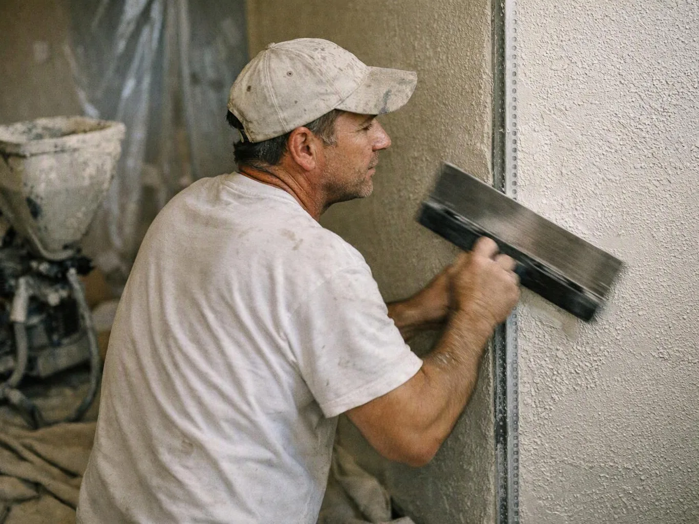 A man in a dusty cap smooths wet plaster on a wall with a wide trowel indoors