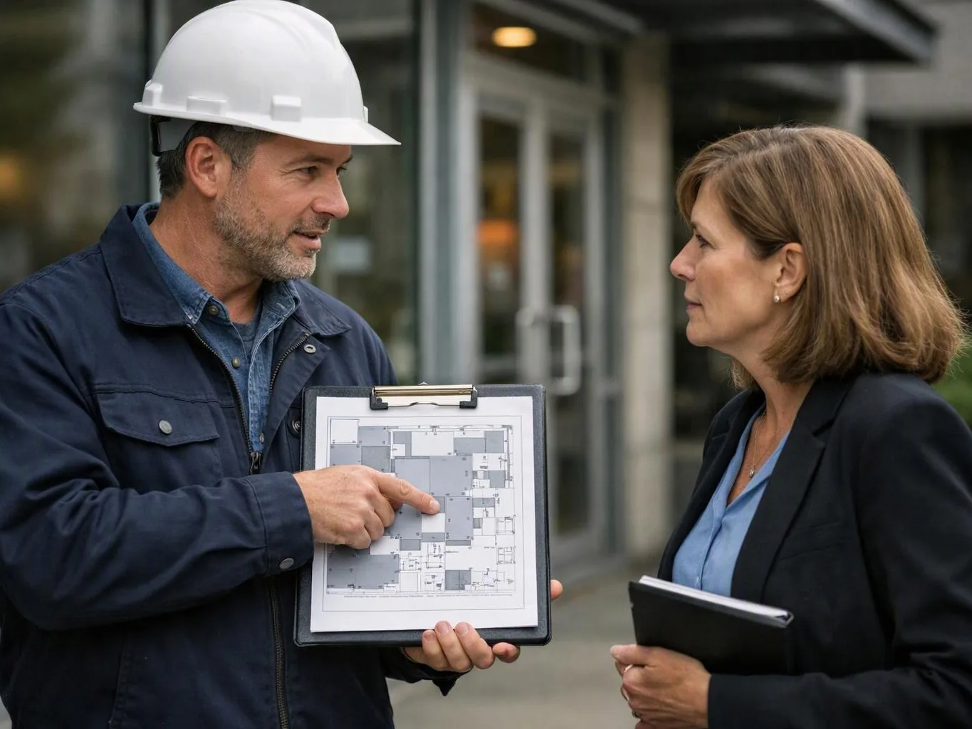 A man in a hard hat points at blueprints while speaking to a woman outside a building