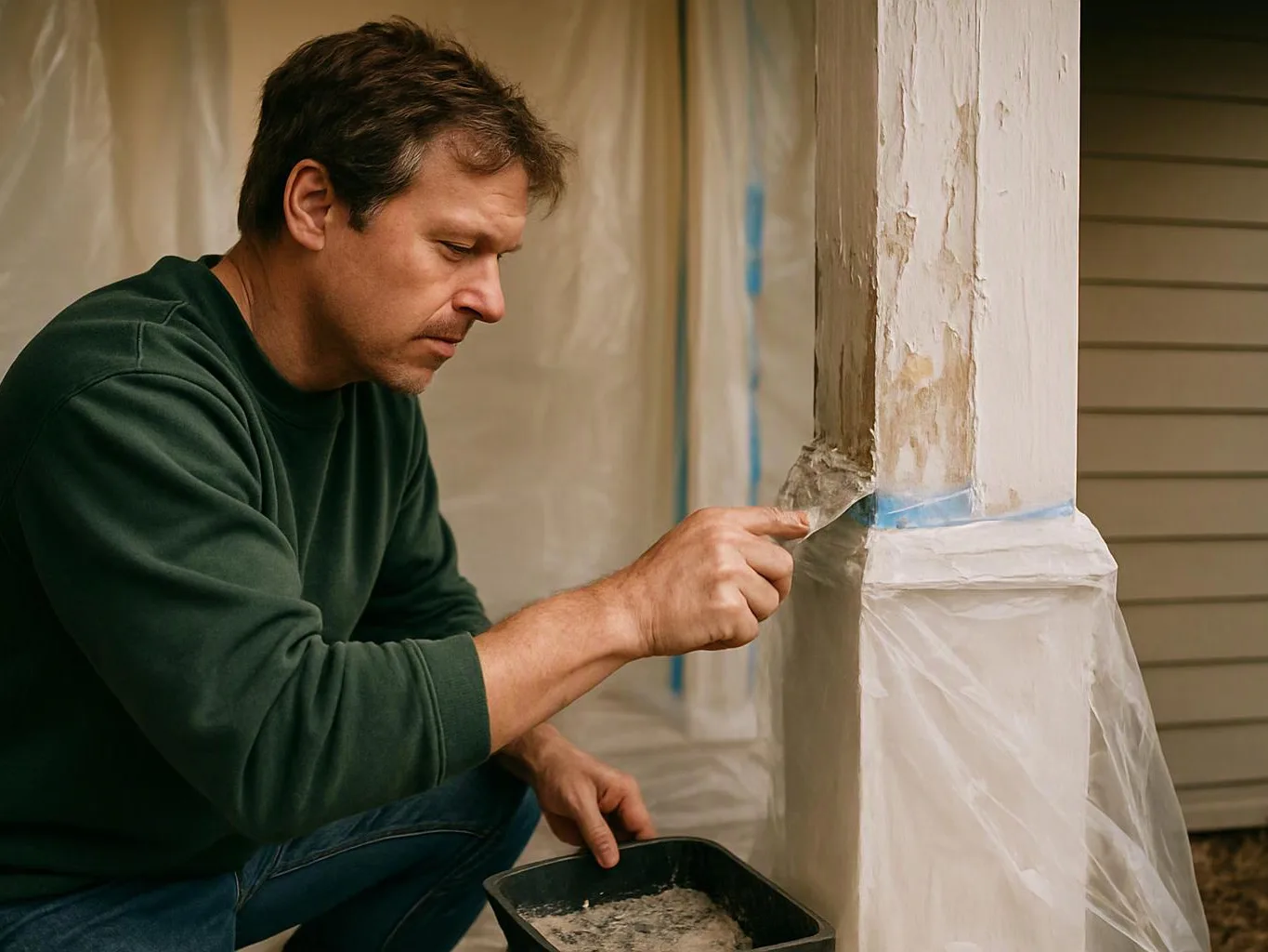 A man kneels outdoors, scraping peeling paint from a porch column with a putty knife