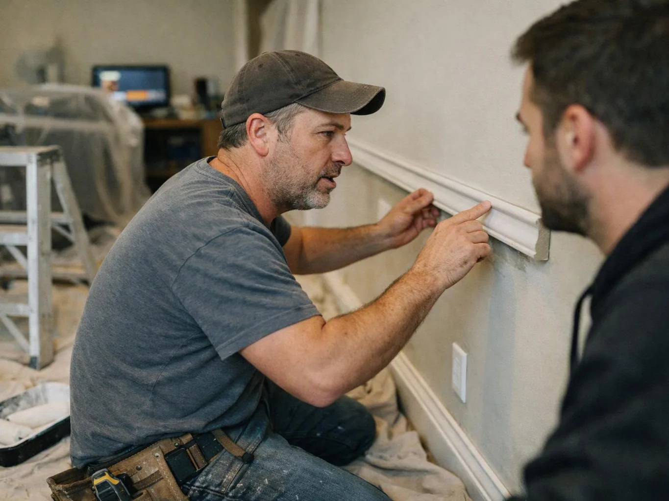 A man kneels in a room, pointing at wall trim while another man watches closely