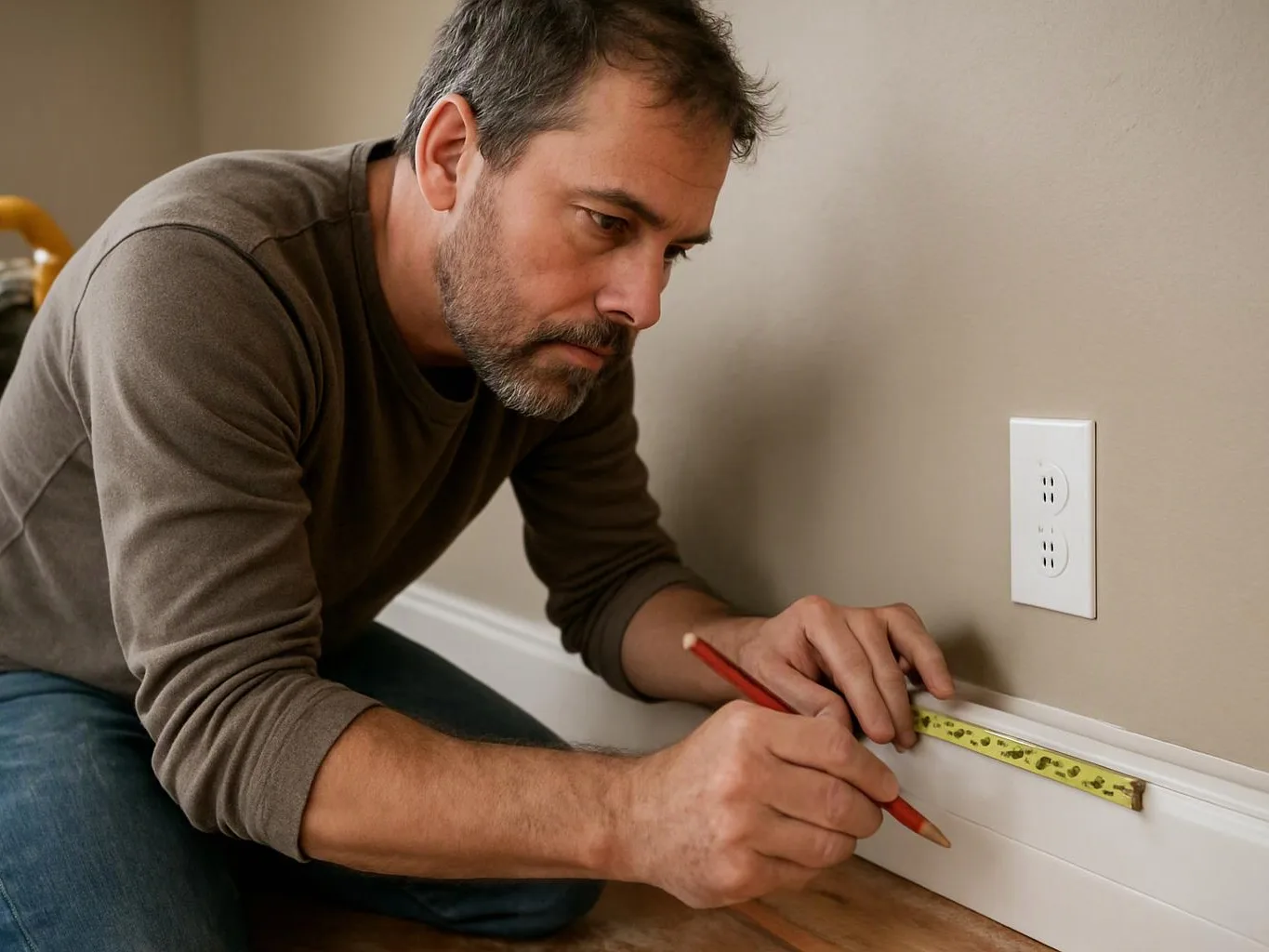 A man kneels by a wall, marking a baseboard with a pencil and measuring tape