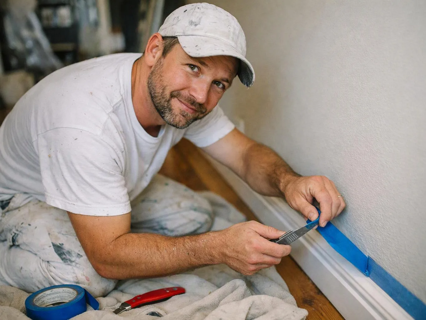 A man in a paint-splattered cap tapes a wall trim edge with a utility knife indoors