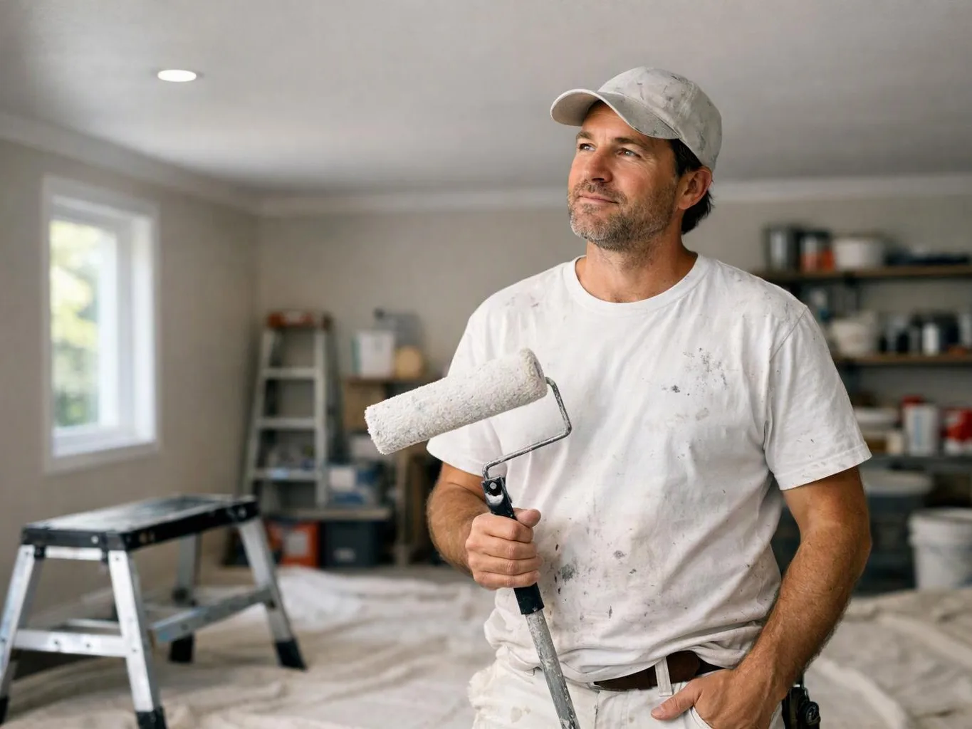 A man in a paint-splattered shirt holds a roller inside a room with a ladder and shelves