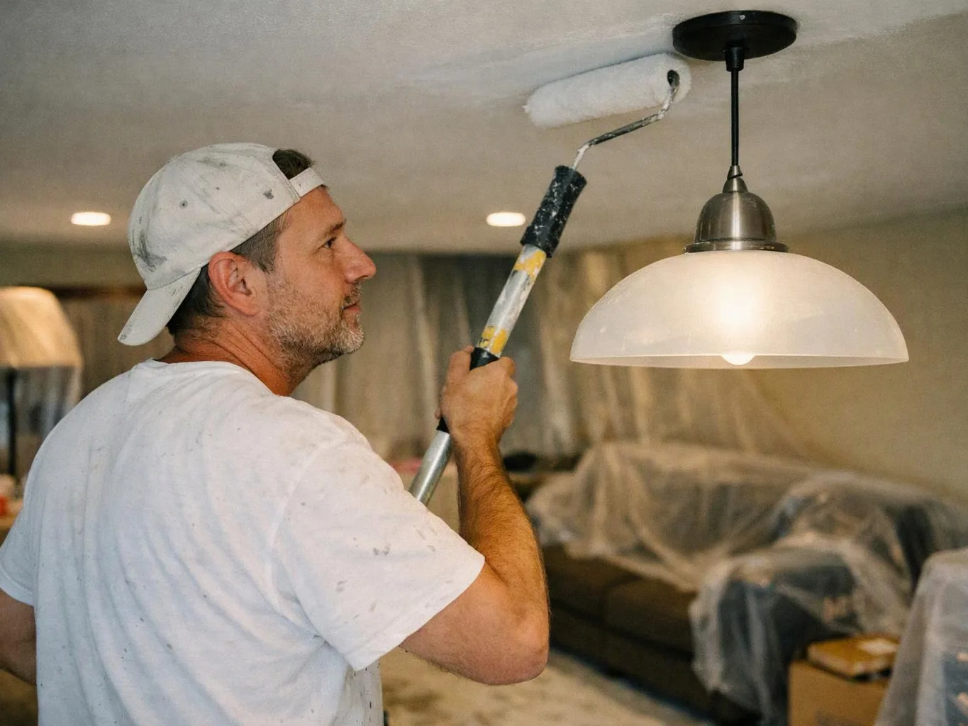 A man in a paint-splattered shirt rolls white paint on a ceiling inside a covered living room