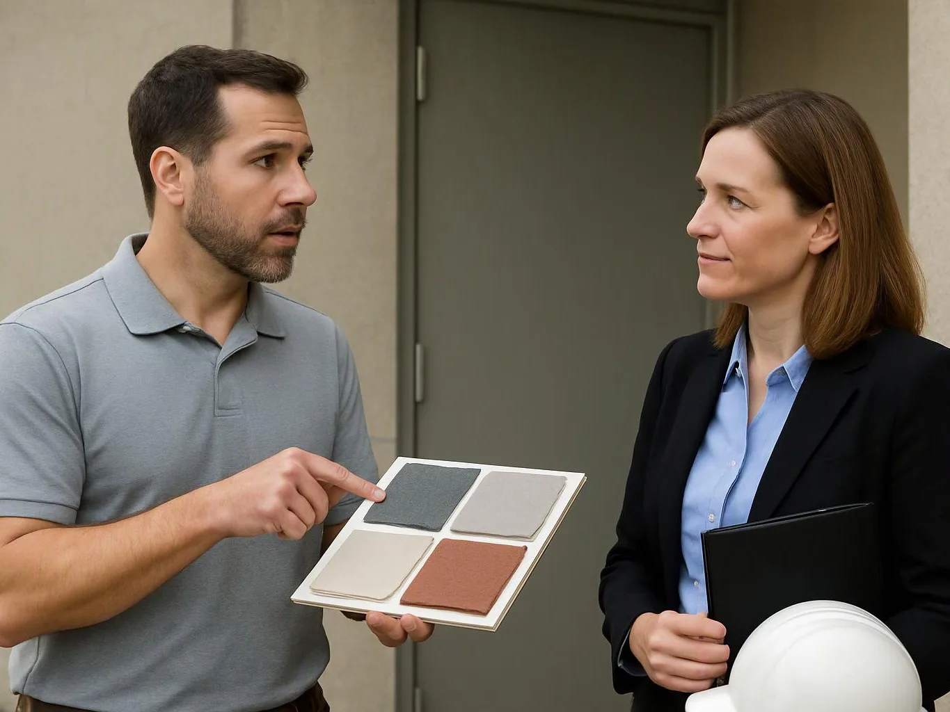 A man points at color samples while talking with a woman holding a folder and hard hat outside a building