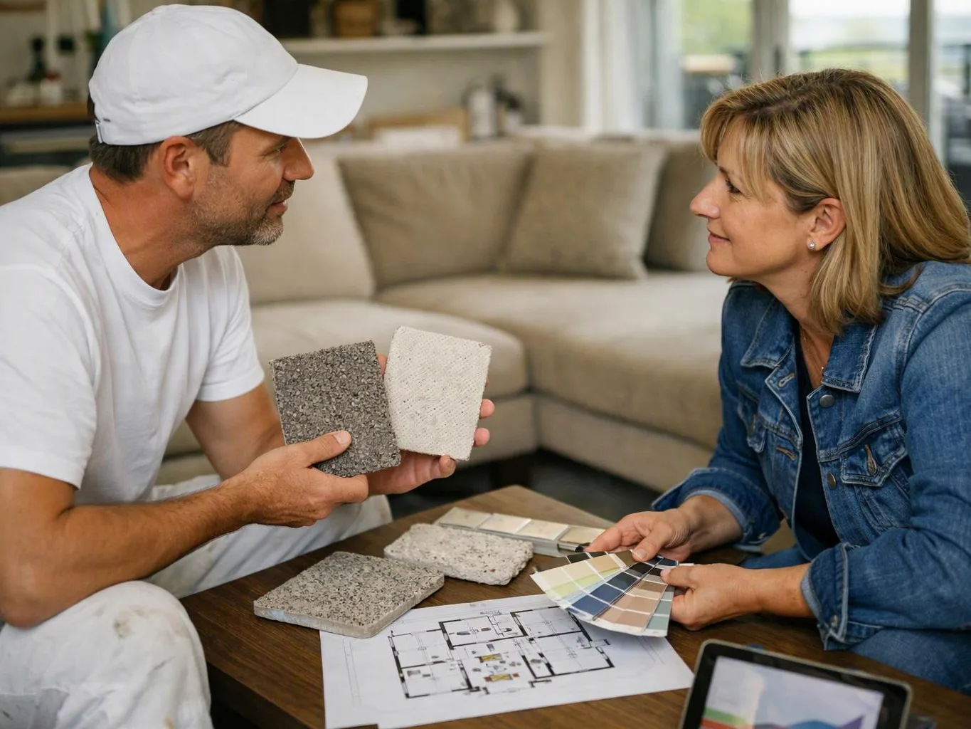 A man shows flooring samples and color swatches to a woman at a coffee table in a living room