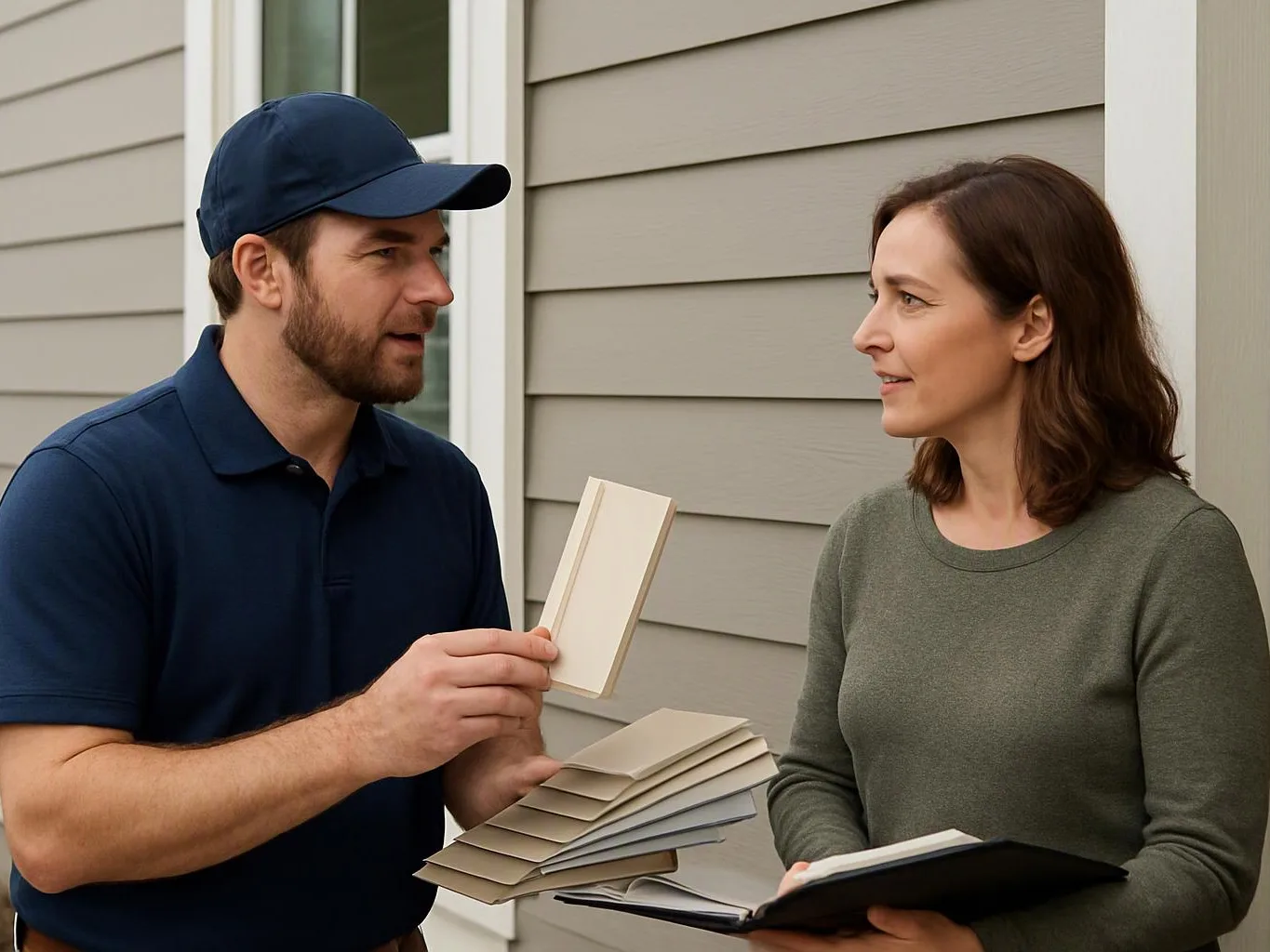 A man shows paint color samples to a woman outside a house siding wall