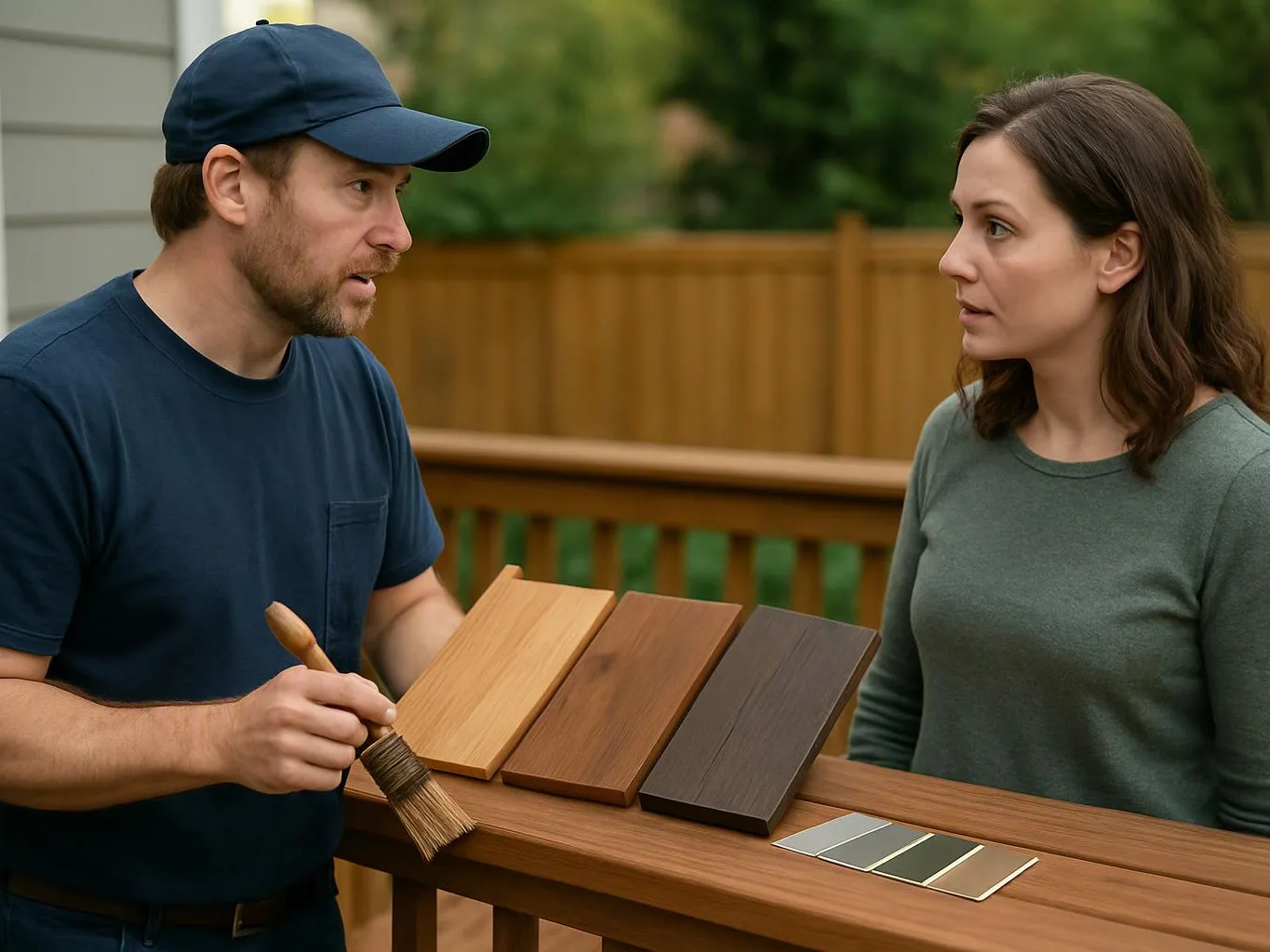 A man shows wood finish samples with a brush to a woman on a backyard deck