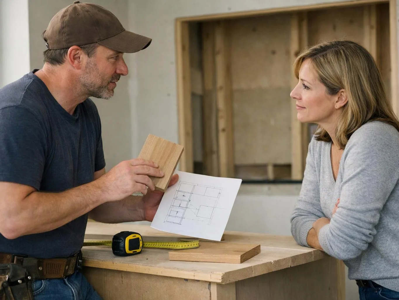 A man shows a wood sample and floor plan to a woman at a workbench in an unfinished room