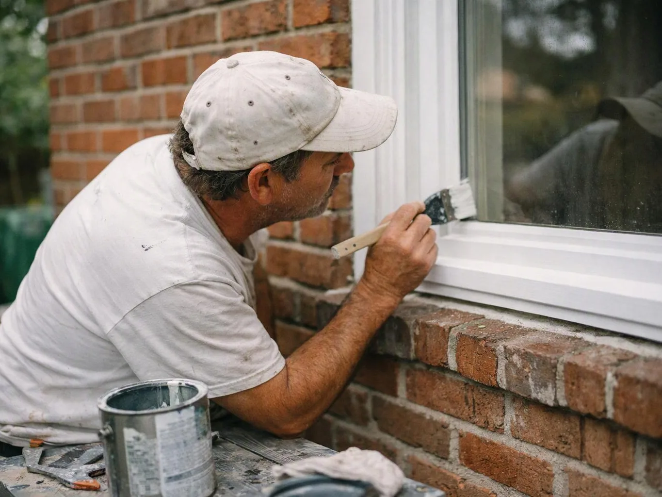 A man in a white cap paints a window frame beside a brick wall outdoors