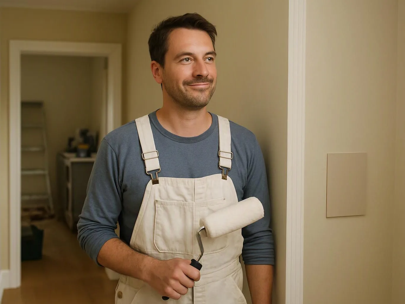 A man in white overalls holds a paint roller while standing in a beige hallway indoors