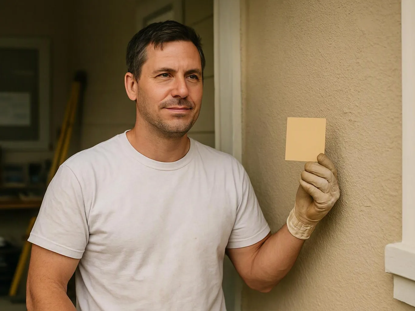 A man in a white shirt and gloves holds a blank sticky note beside a beige wall indoors