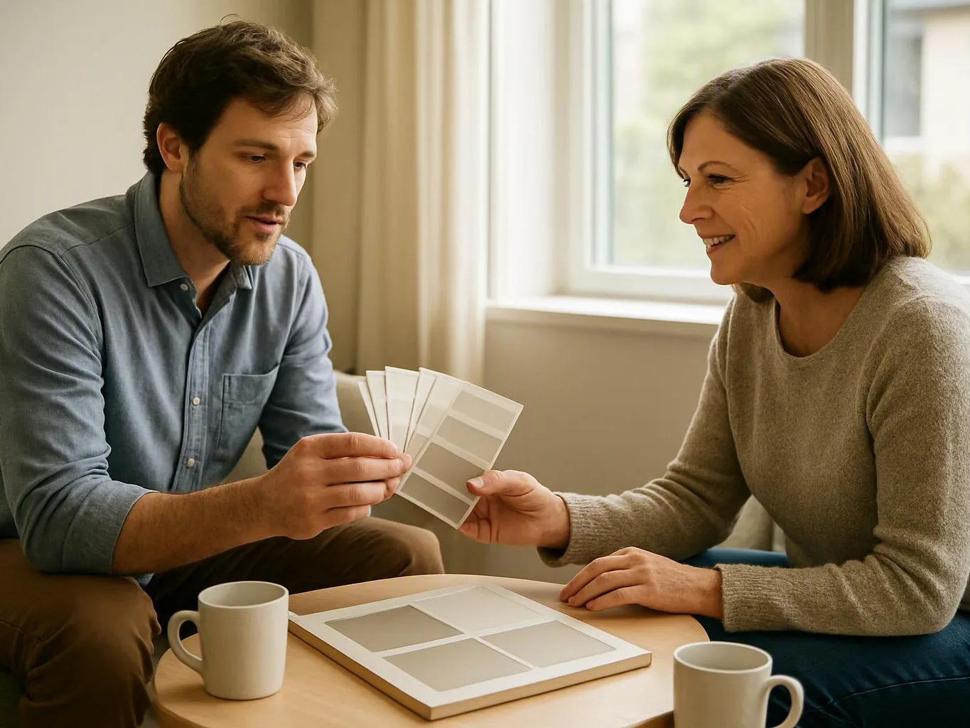 A man and woman compare paint swatches at a table in a bright living room