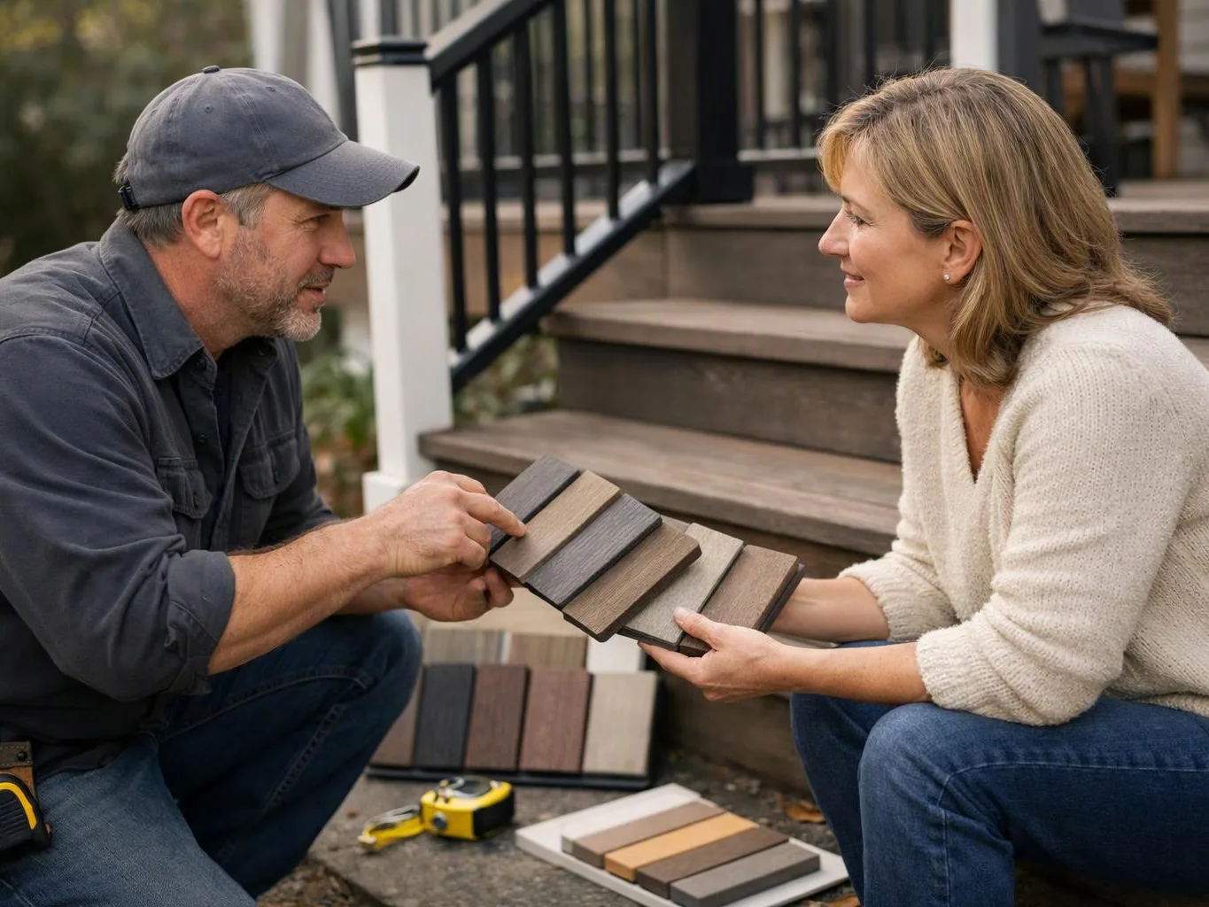 A man and woman kneel on porch steps, comparing decking sample boards outdoors
