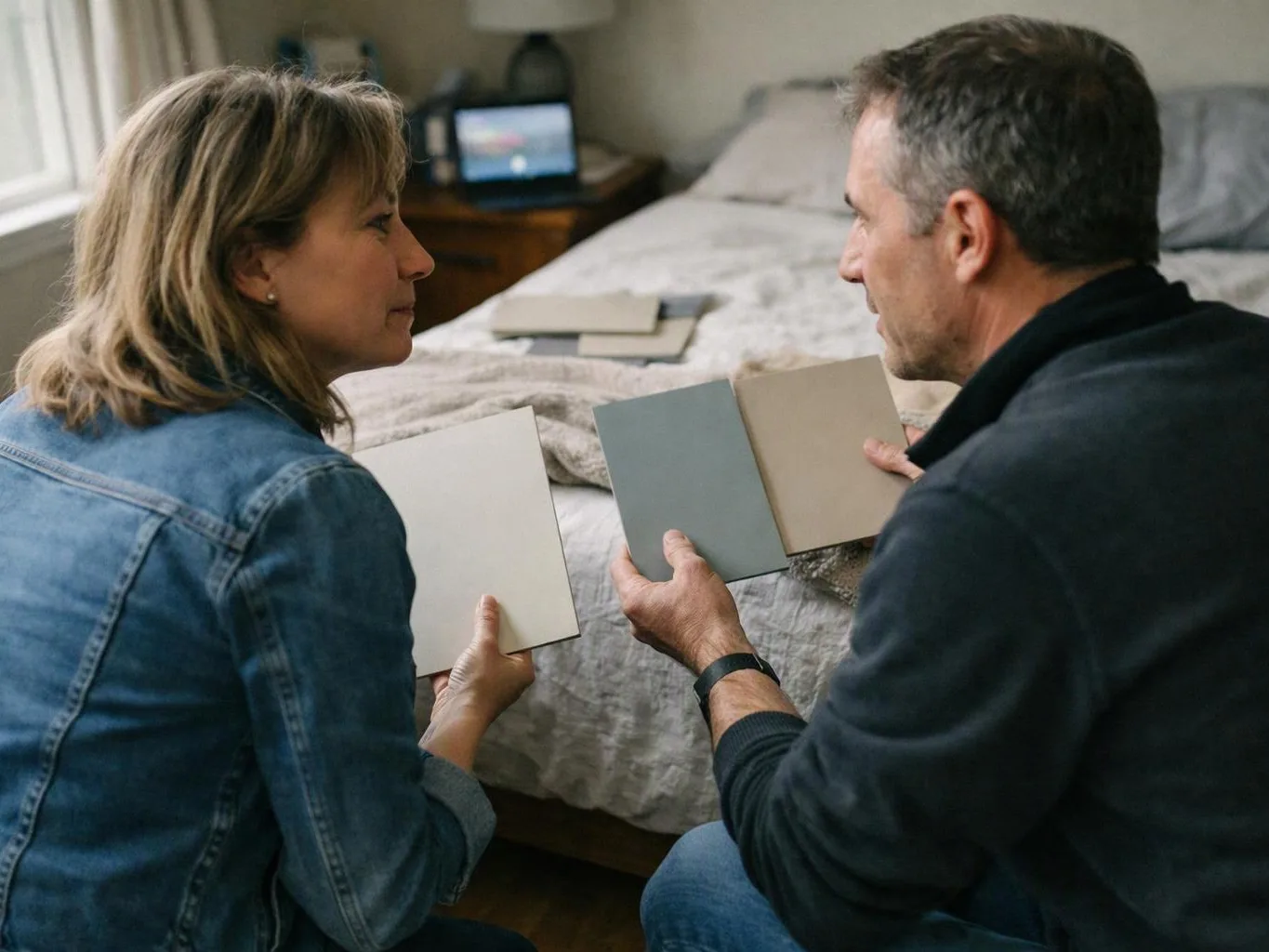 A man and woman sit on a bed, holding paint color swatches and looking at each other