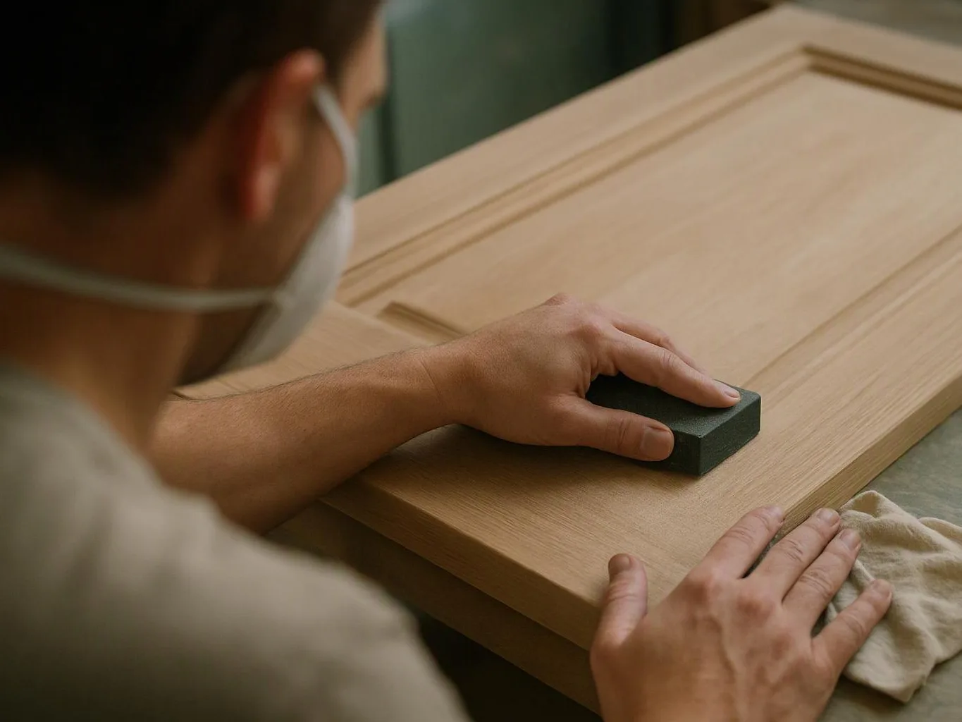 A masked person sands a wooden cabinet door by hand with a small black block
