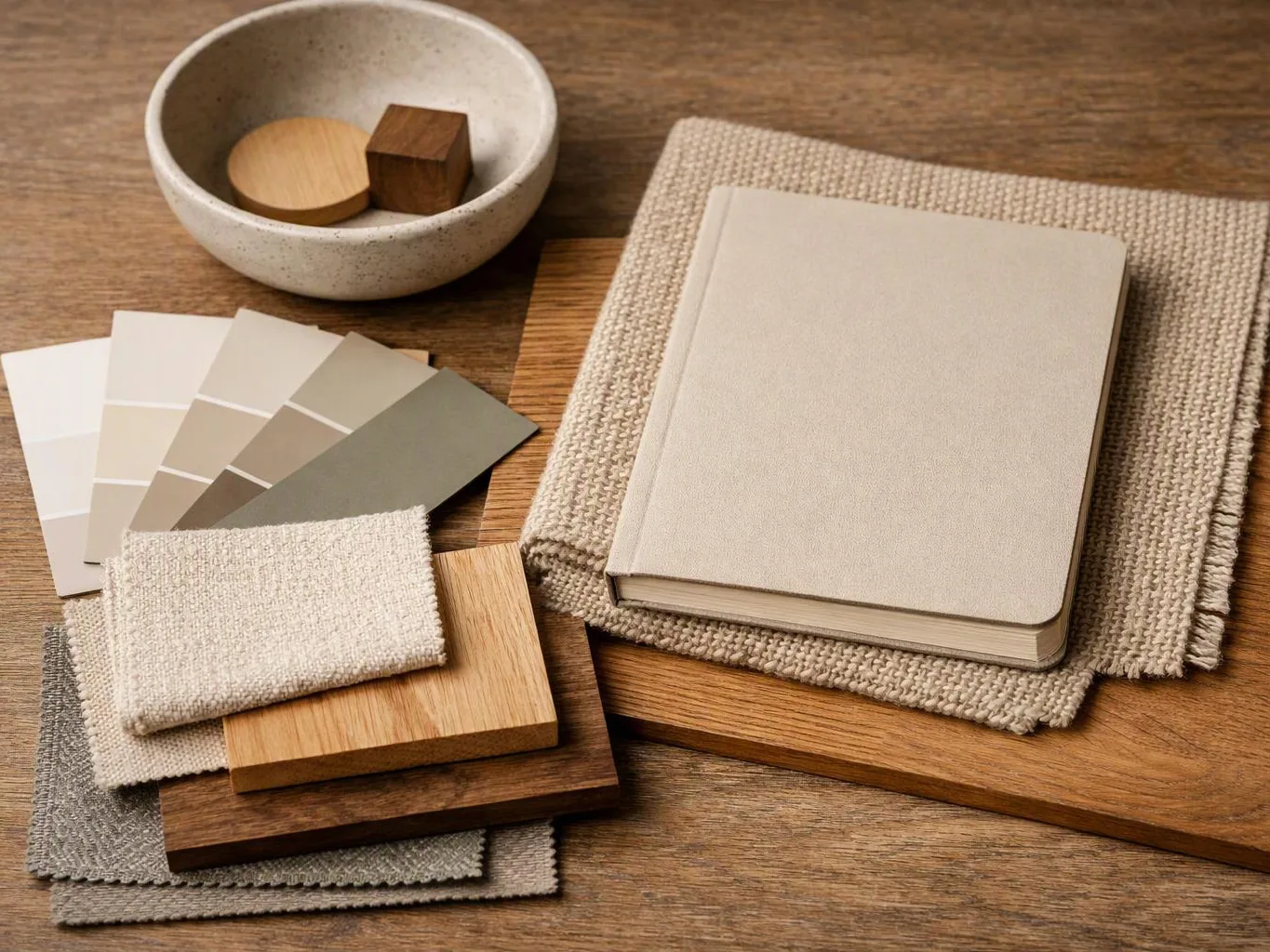 Neutral fabric swatches, wood samples, a blank notebook, and a bowl sit arranged on a wooden table
