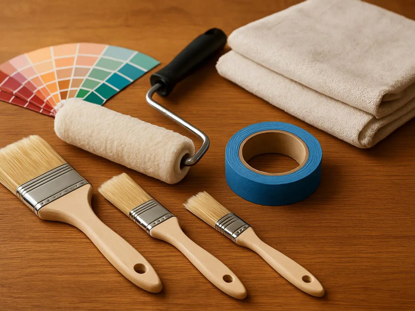 Paint brushes, a paint roller, color swatches, masking tape, and folded cloths sit on a wooden table
