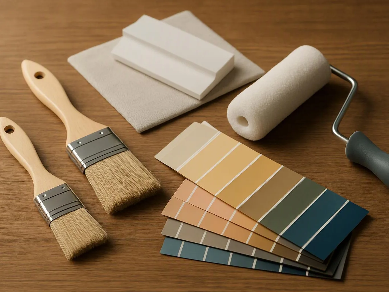 Paint brushes, a roller, and color swatches lie on a wooden table with sample pads