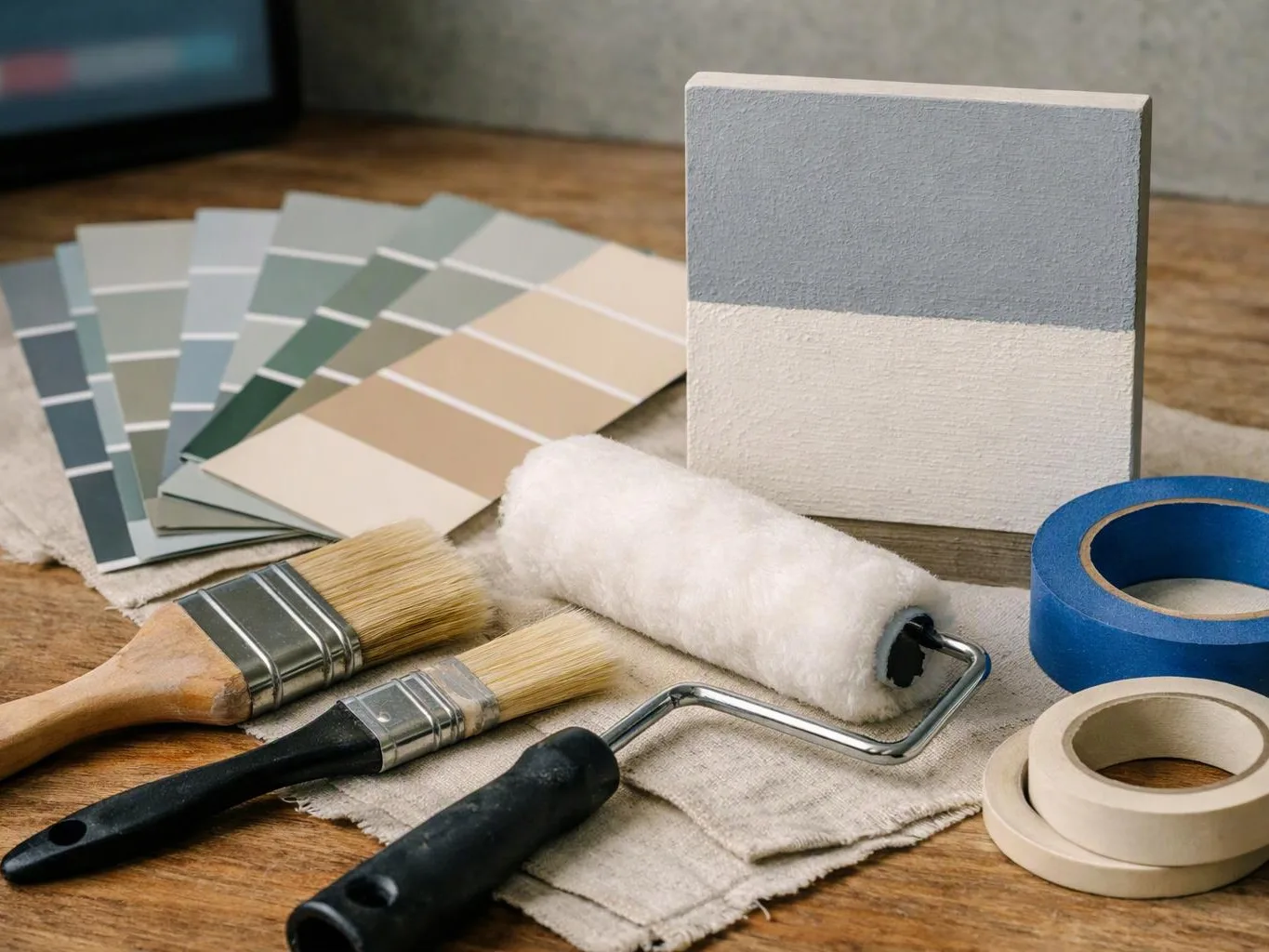 Paint brushes, a roller, masking tape, and color swatches are arranged on a wooden table beside a painted sample board