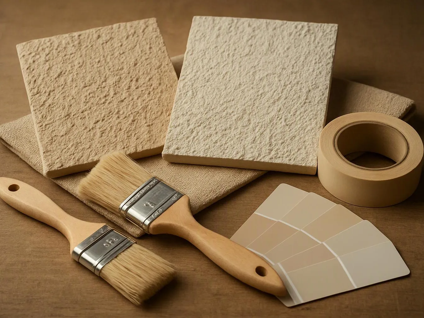 Paint brushes, textured sample tiles, and beige paint swatches are arranged on a brown surface