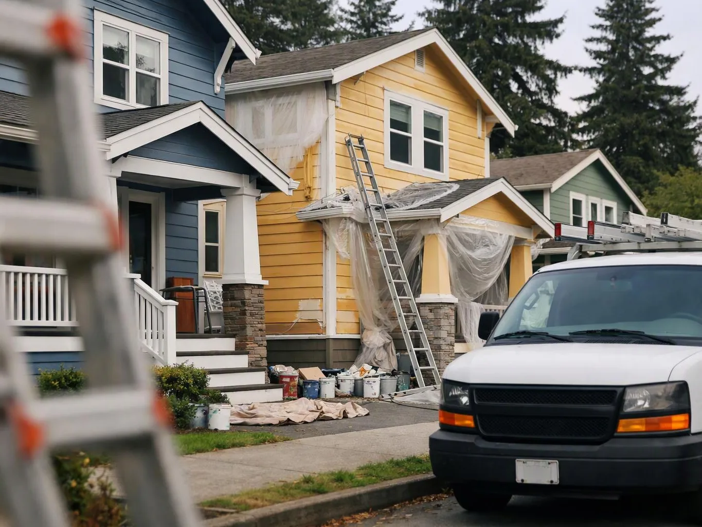 Paint buckets, ladders, and plastic sheeting surround a house being painted beside a parked work van