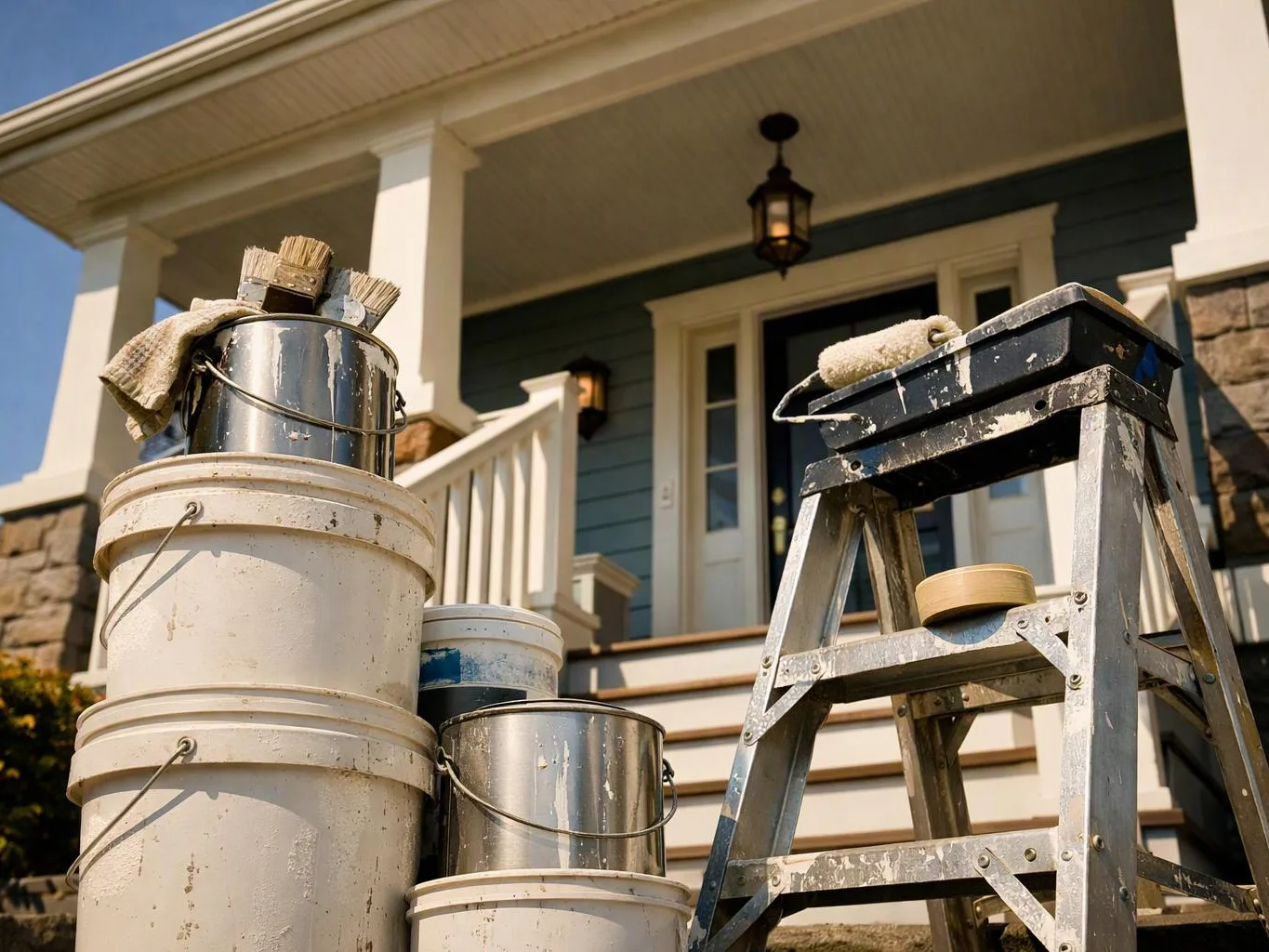 Paint cans and brushes sit on buckets beside a paint-splattered step ladder on a house porch