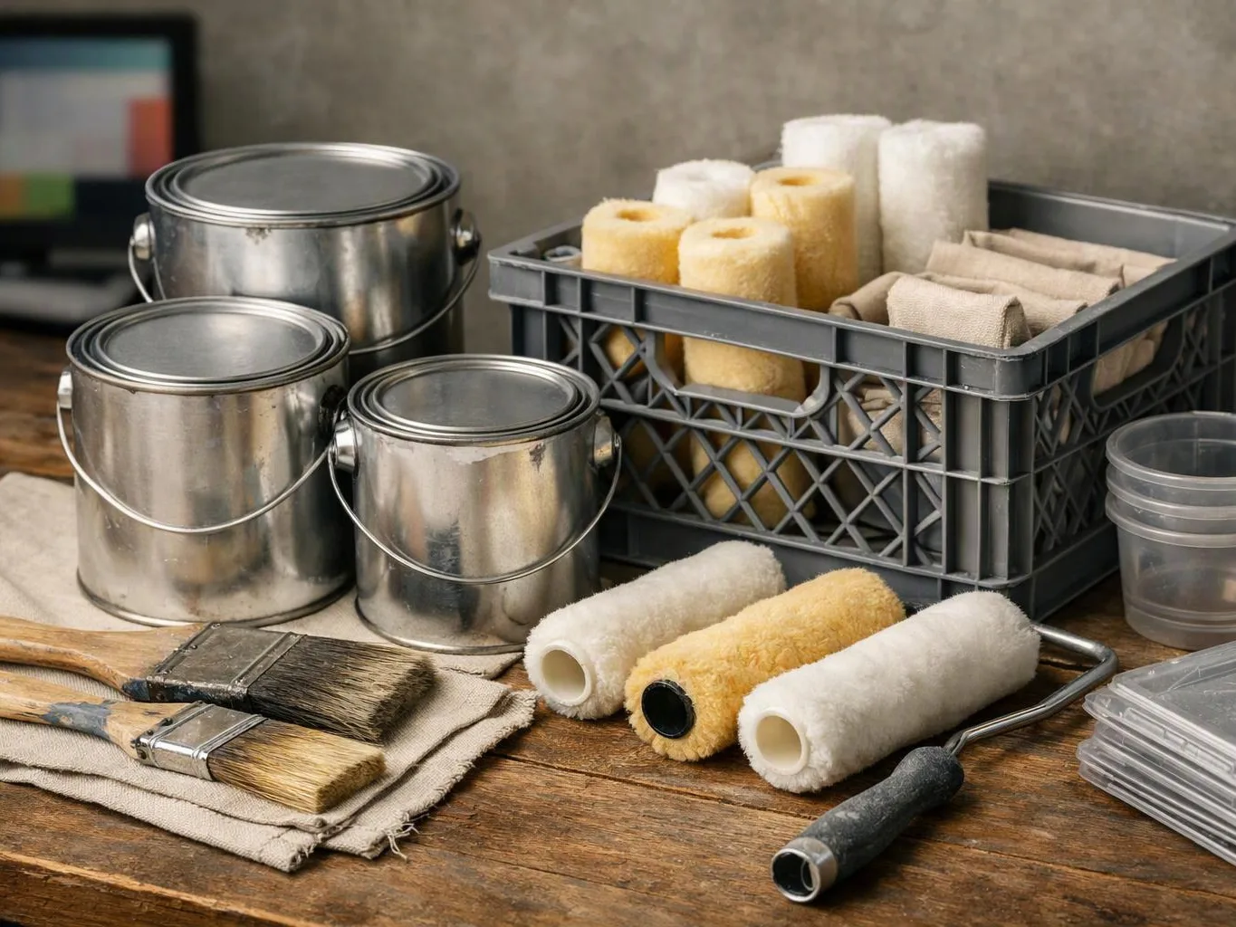 Paint cans, paint rollers, brushes, and storage bins sit on a wooden workbench