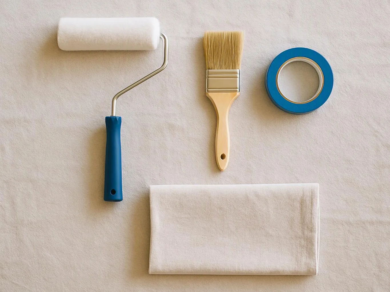 A paint roller, brush, blue tape roll, and folded cloth sit on a light fabric surface