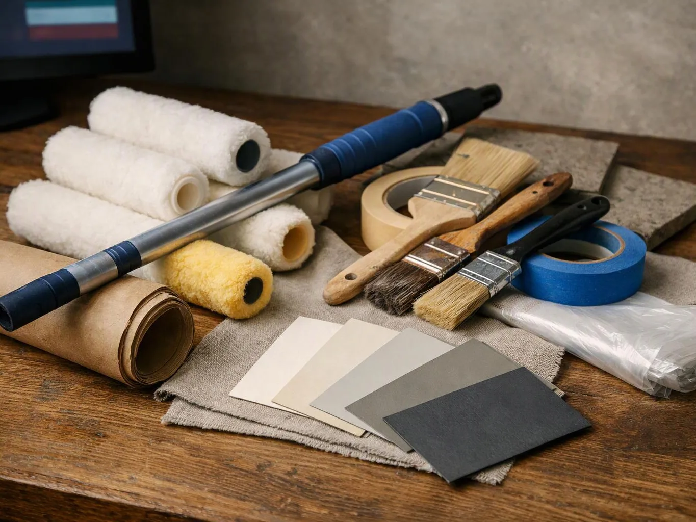 Paint rollers, brushes, masking tape, and color swatches are arranged on a wooden table