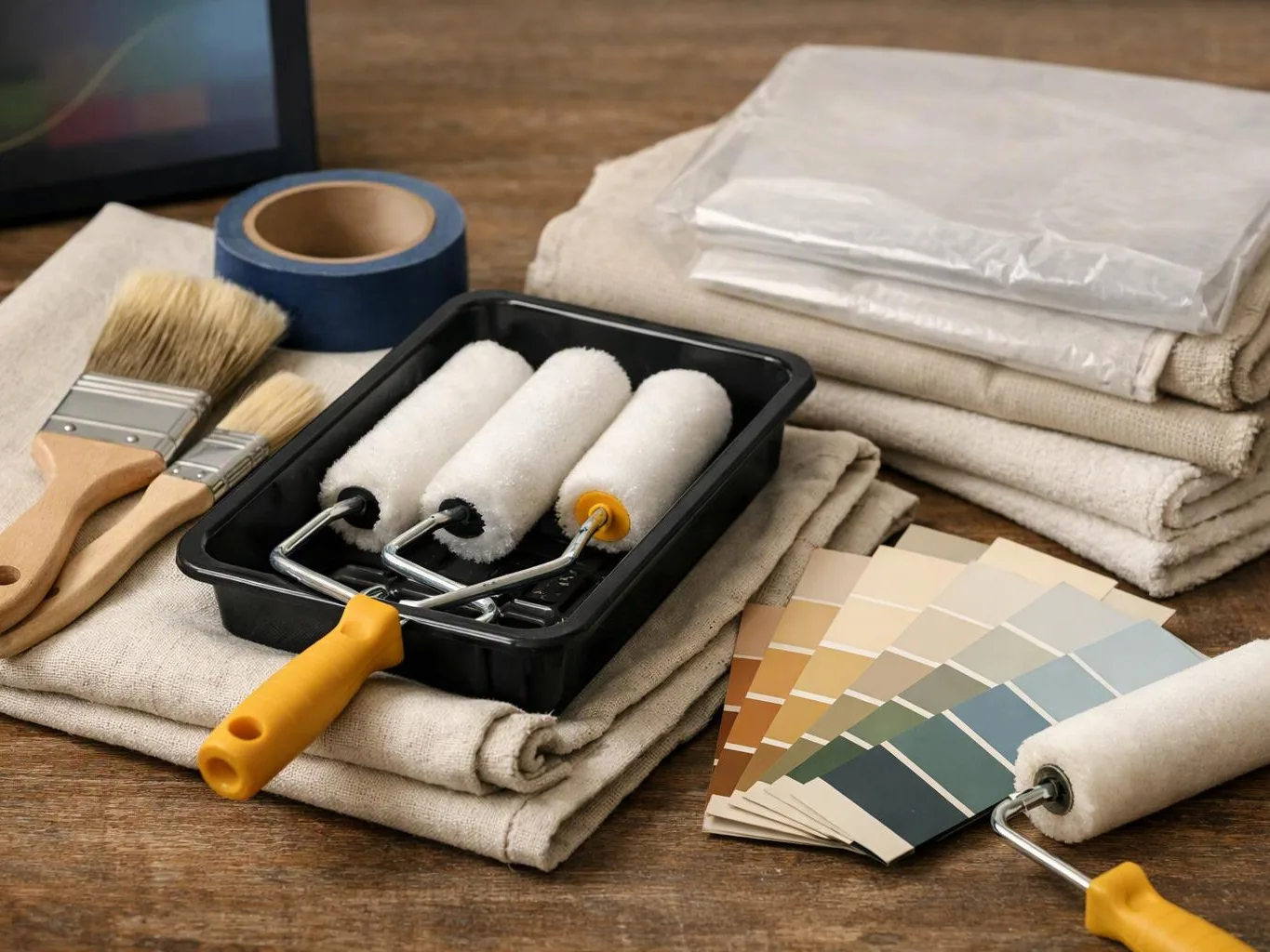 Paint rollers, brushes, tape, folded cloths, and color swatches sit arranged on a wooden table
