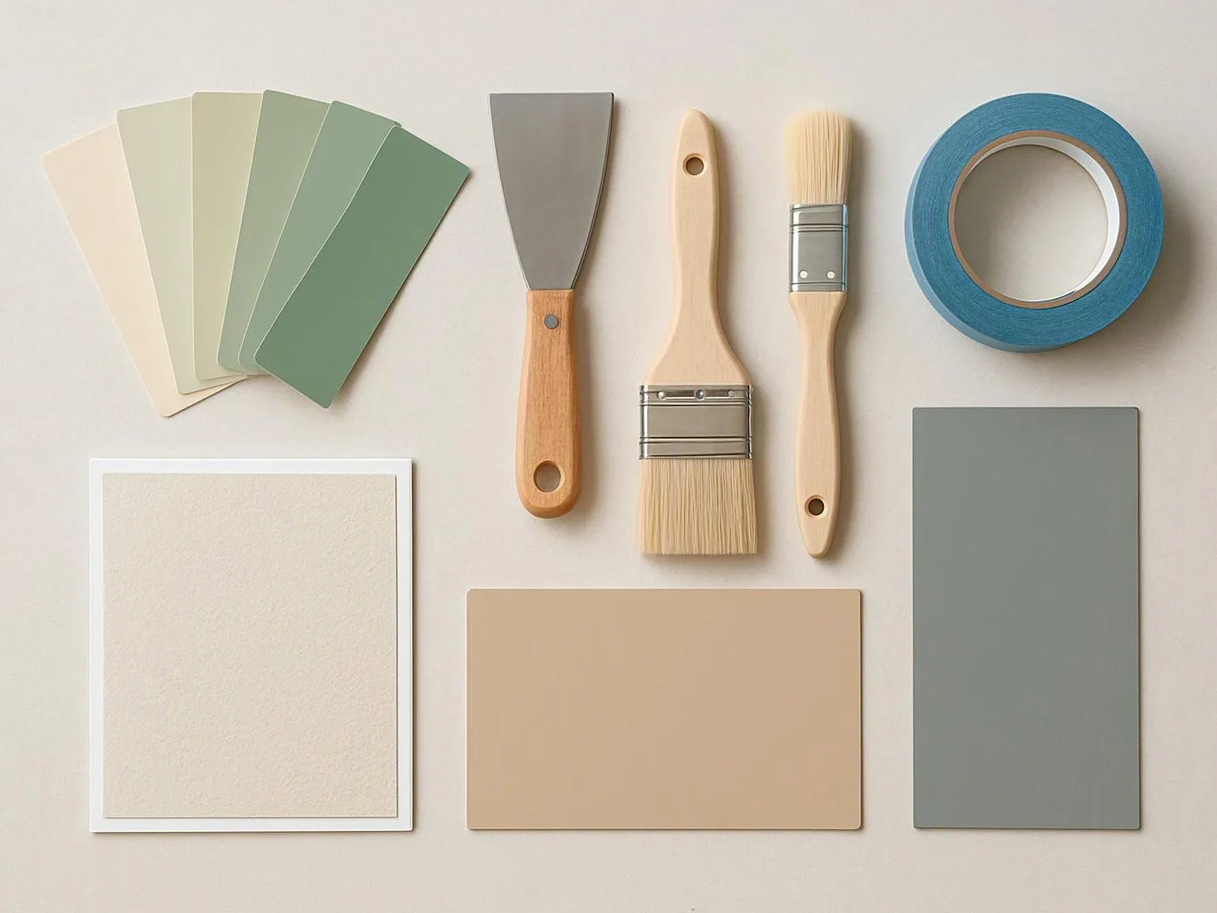 Paint sample cards, brushes, a scraper, and blue tape lie neatly arranged on a light surface