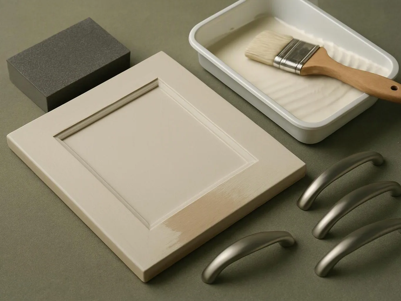 Paint samples, a brush in a paint tray, and metal cabinet handles arranged on a tabletop