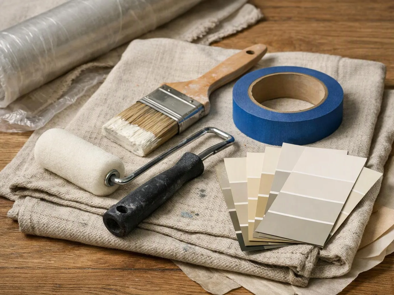 Paint supplies sit on folded drop cloths, including a brush, roller, blue tape, and color swatches