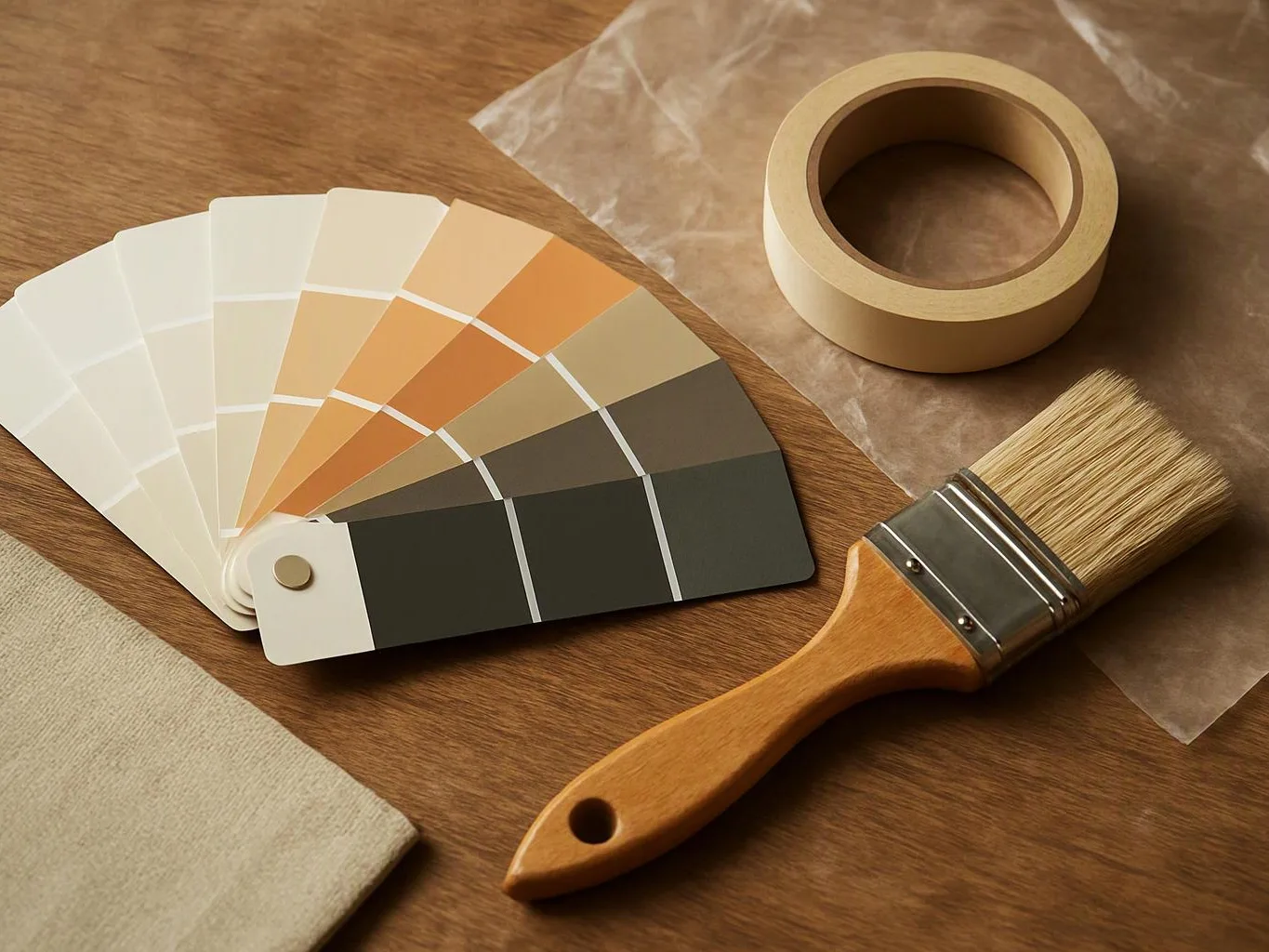 Paint swatches, masking tape, and a paintbrush sit on a wooden surface with fabric samples