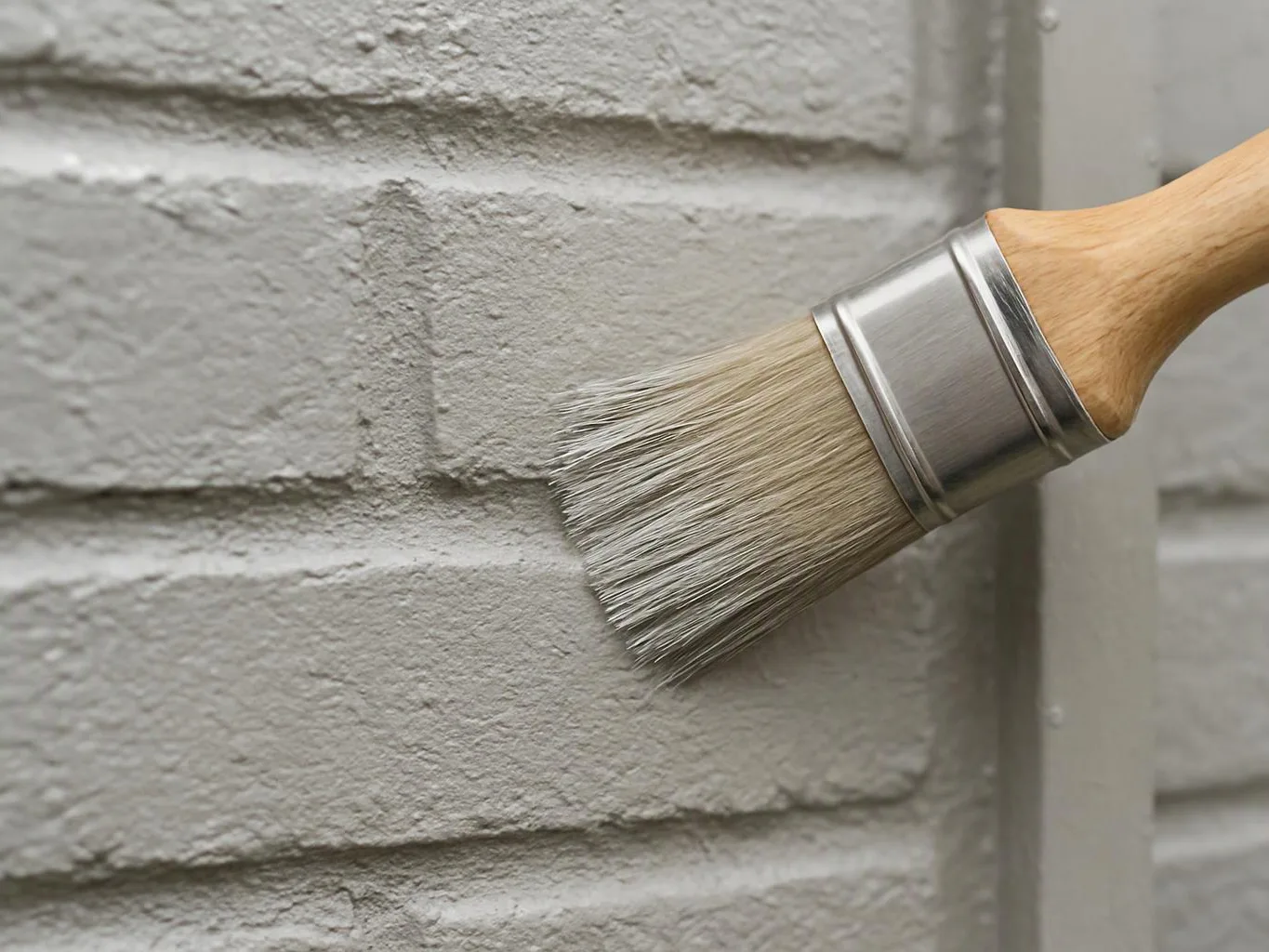 A paintbrush applies gray paint to a textured brick wall indoors