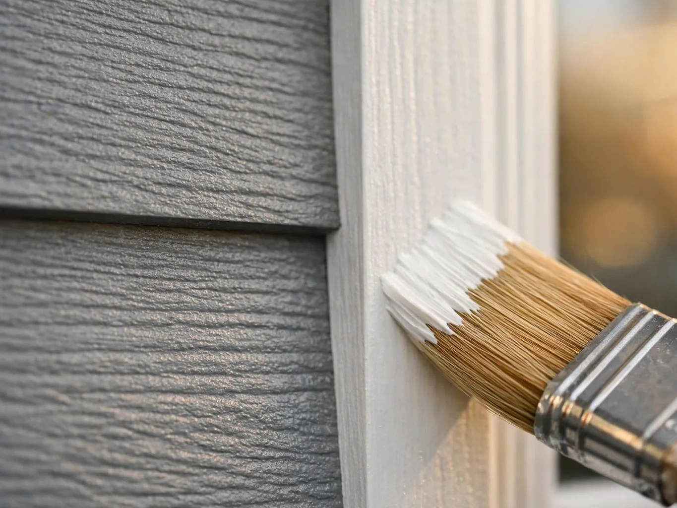A paintbrush applies white paint to trim beside gray wood siding outdoors