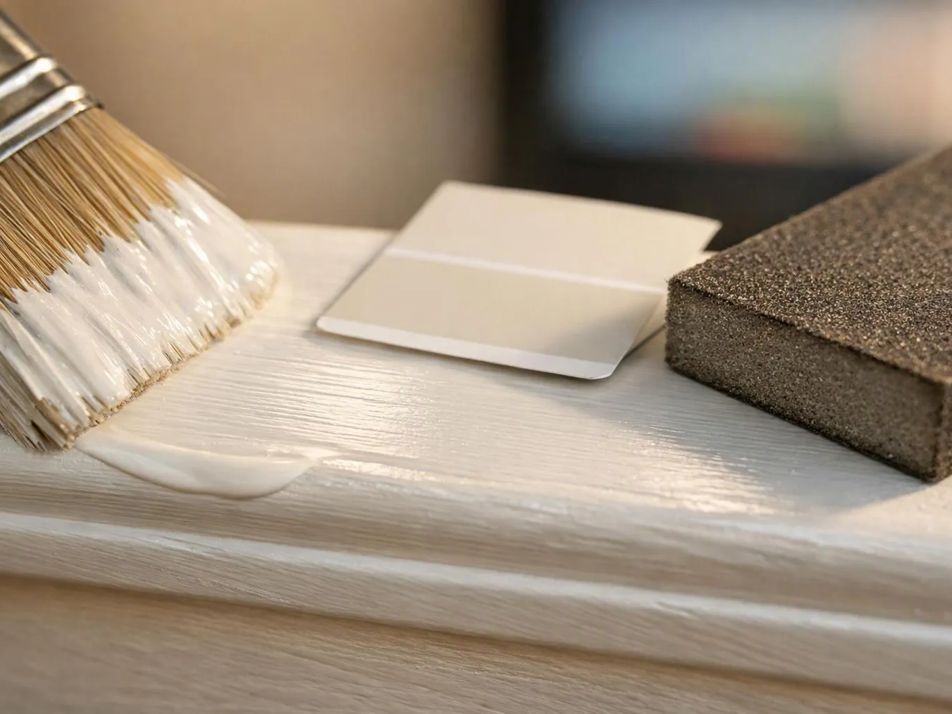 A paintbrush applies white paint to a wooden surface beside a small tile and sanding block