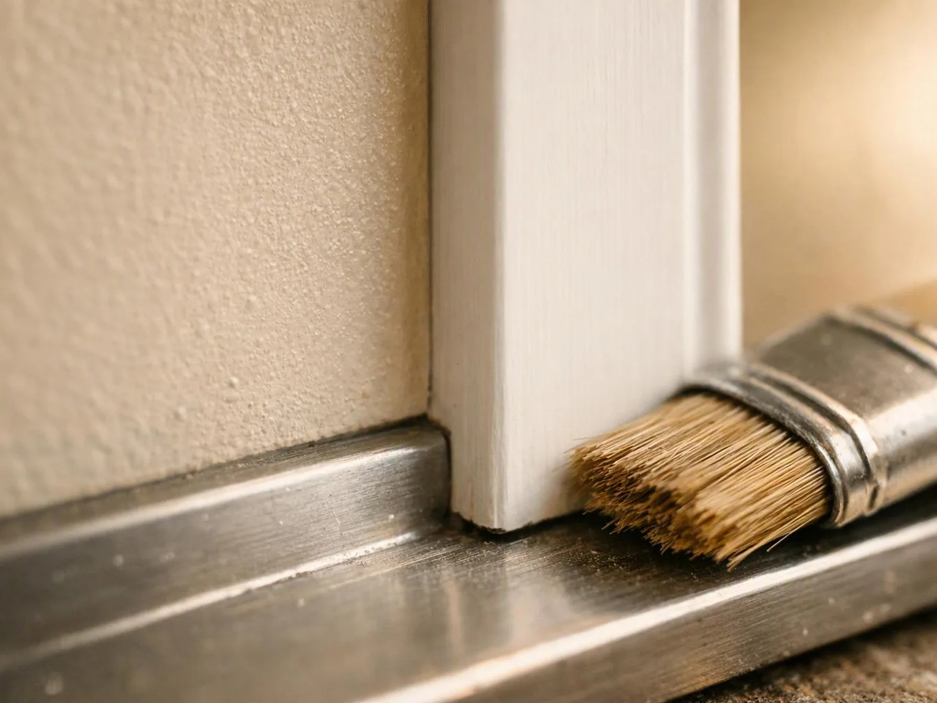A paintbrush rests against a white door frame on a metal threshold near a beige wall