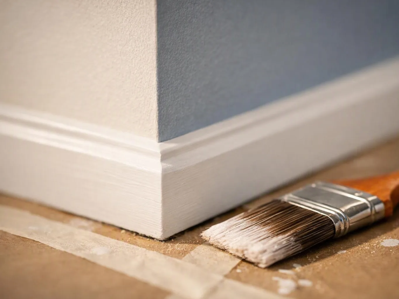 A paintbrush rests beside a freshly painted wall corner with white trim on a covered floor