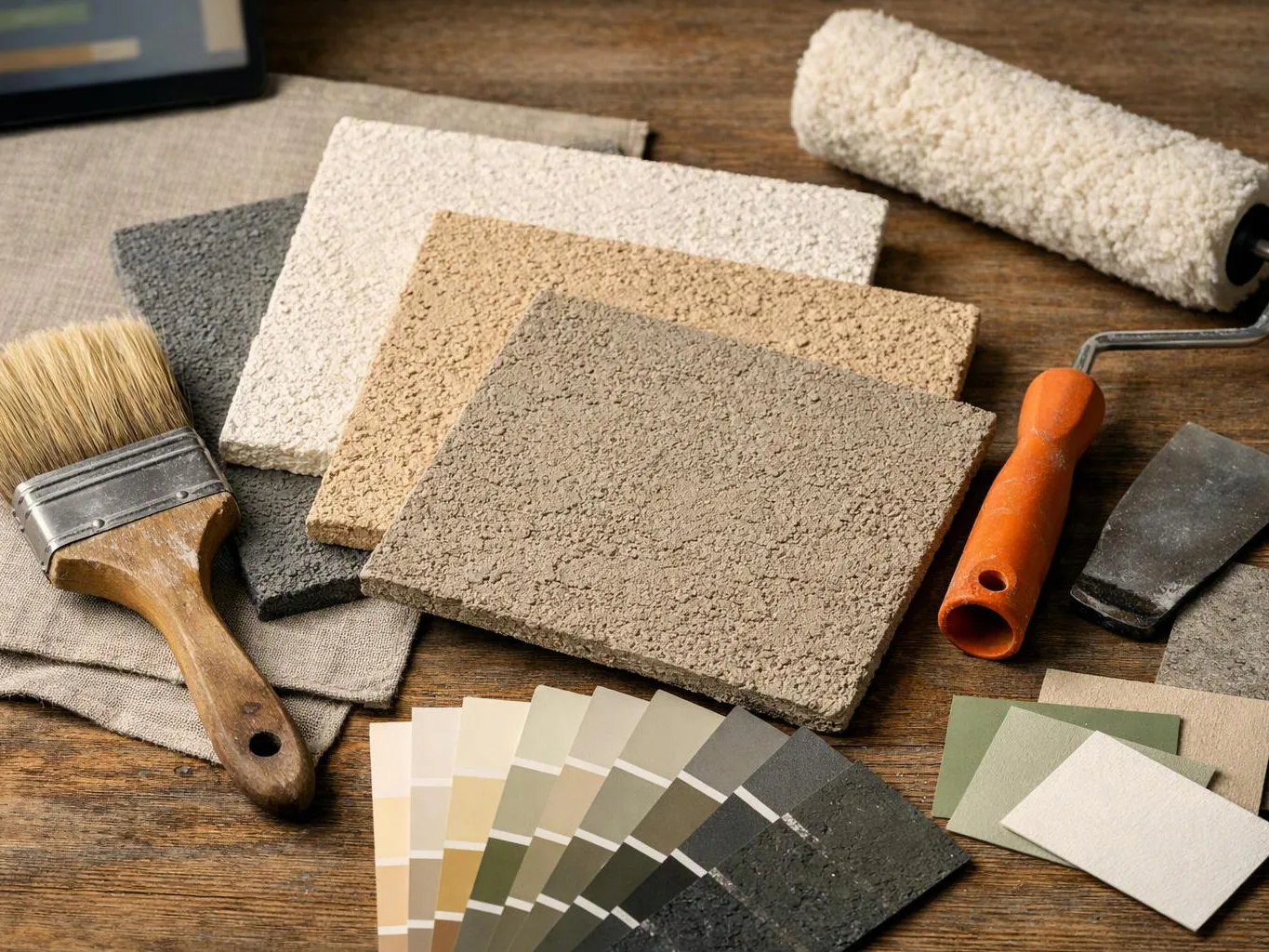 Paintbrush, roller, textured samples, and color swatches arranged on a wooden table
