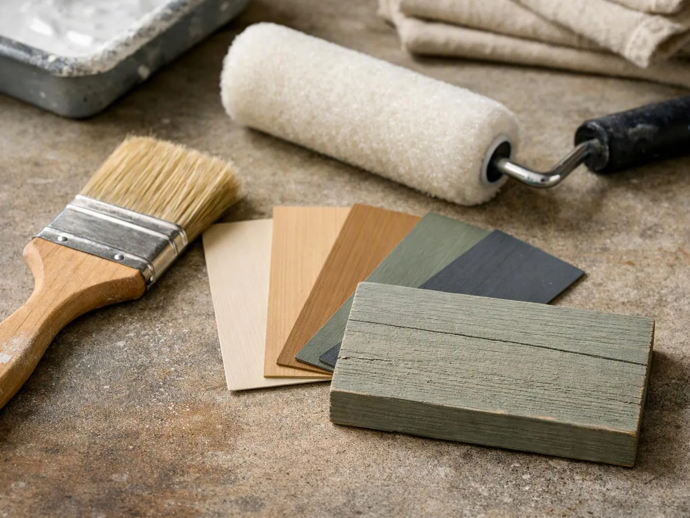 Paintbrush, roller, and wood color samples sit on a textured surface in a home painting setup