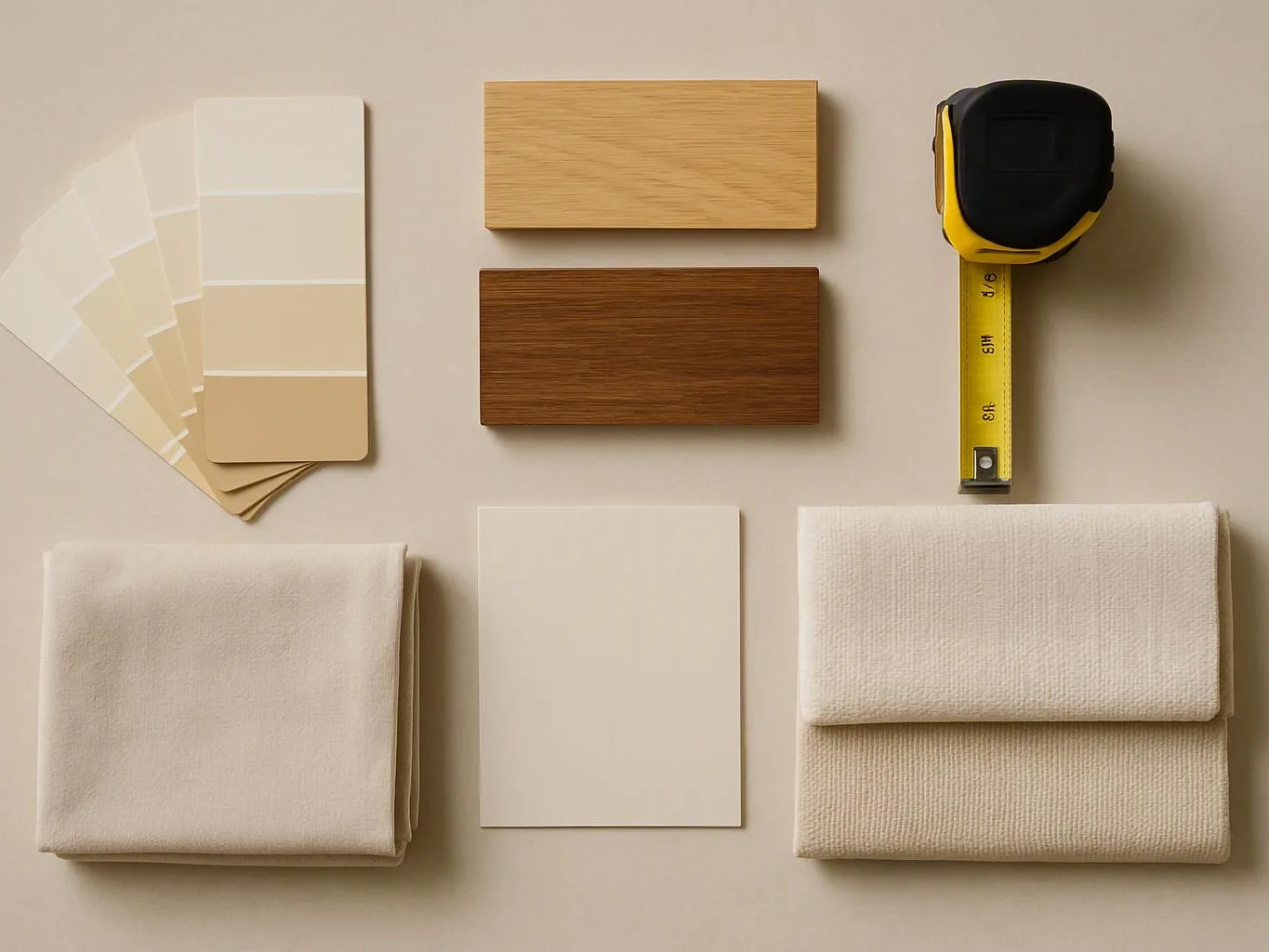 Painted color swatches, wood samples, folded fabric, and a tape measure are arranged on a beige surface