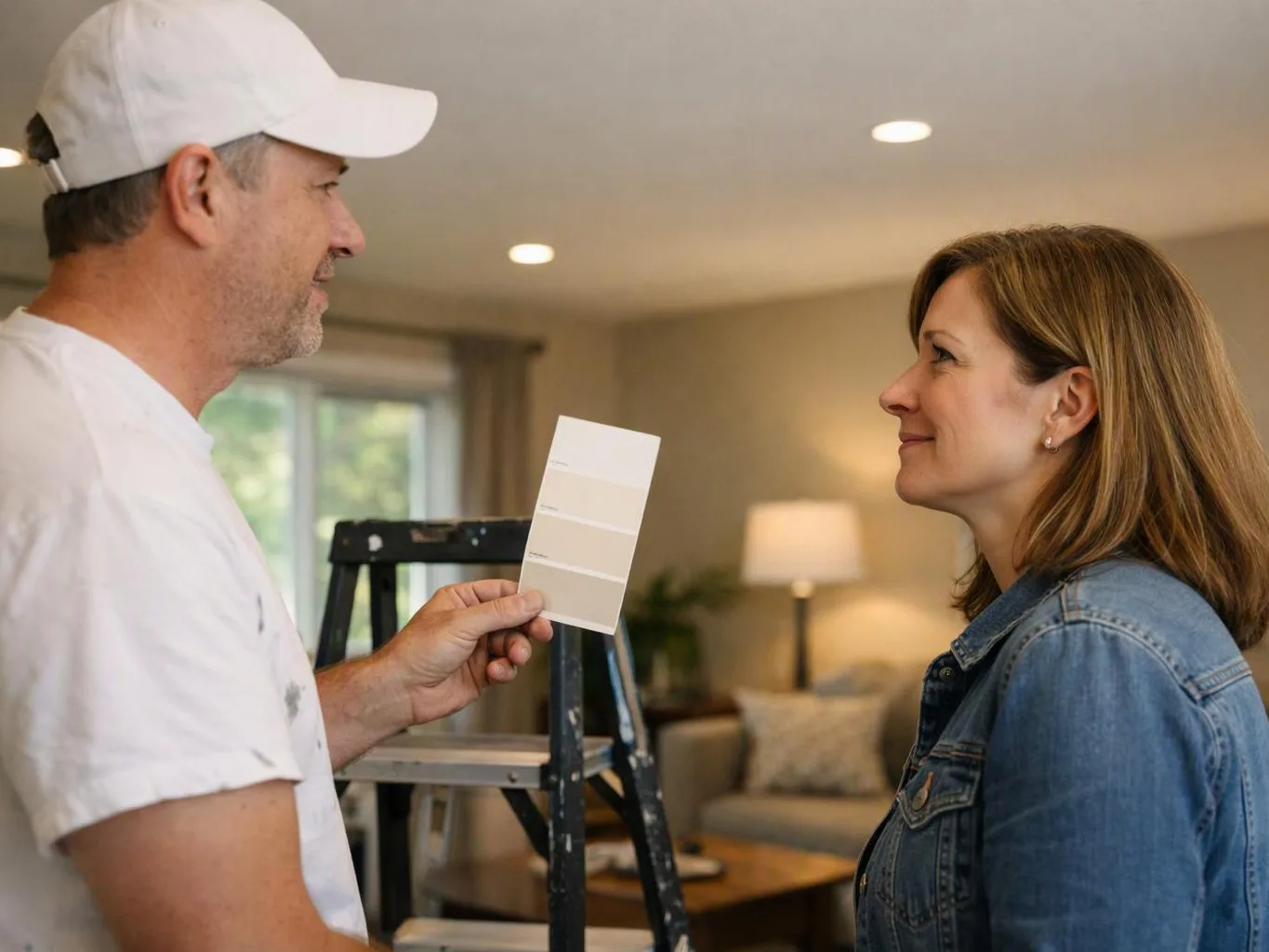A painter in a white cap shows paint swatches to a woman inside a cozy living room