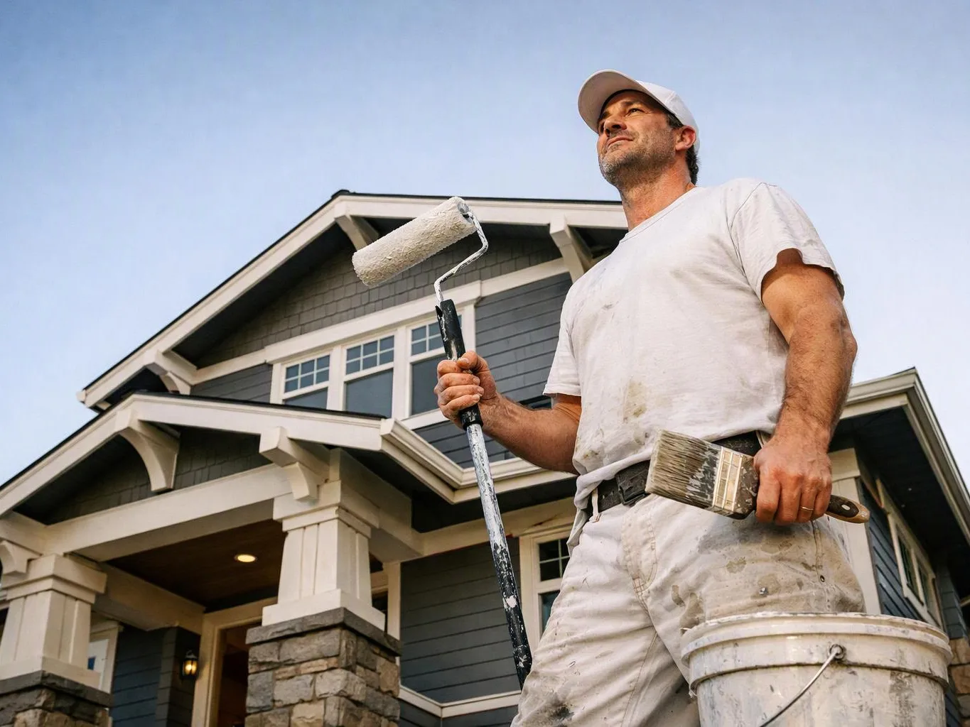 A painter in white clothes holds a roller and brush outside a gray house with a bucket nearby