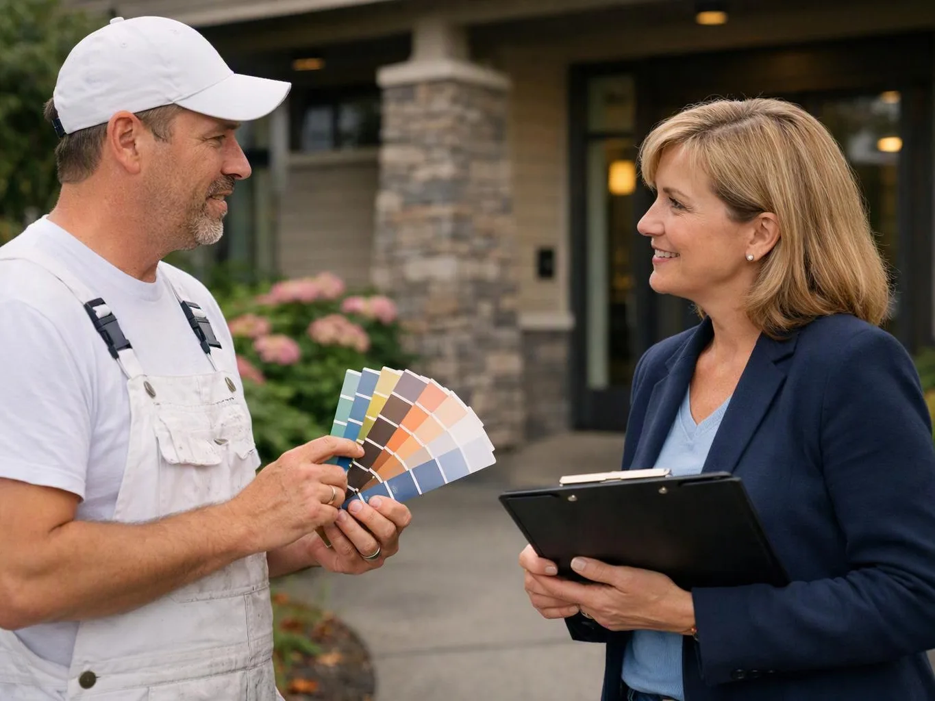 A painter and a woman discuss paint swatches outside a house, with a clipboard in her hands