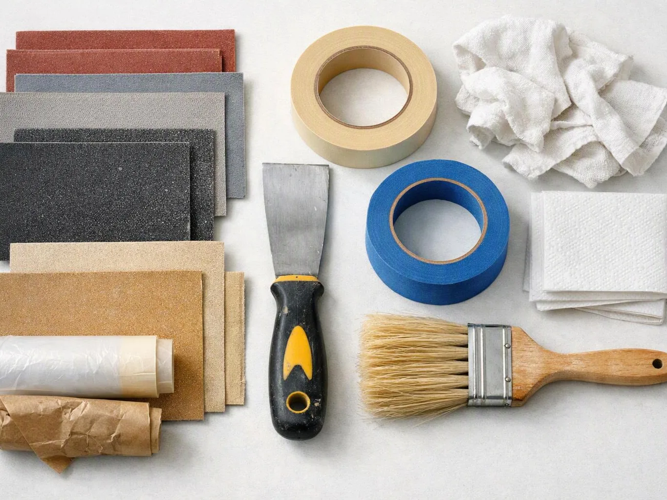 Painting and sanding supplies, including sandpaper sheets, masking tape, cloths, a putty knife