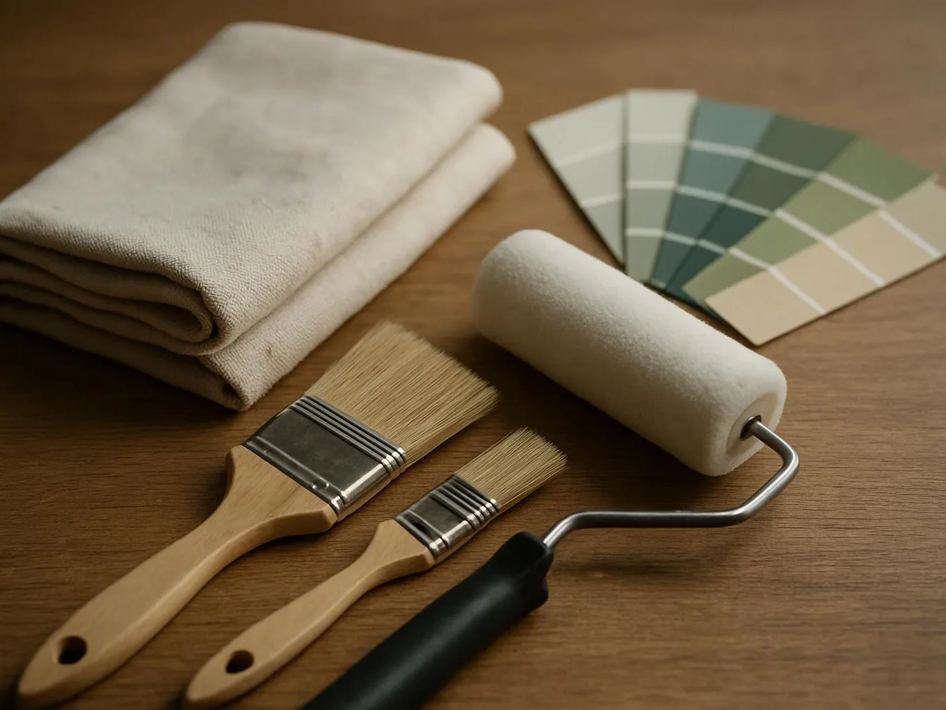Painting supplies, including brushes, a roller, folded cloth, and paint color swatches on a wooden table