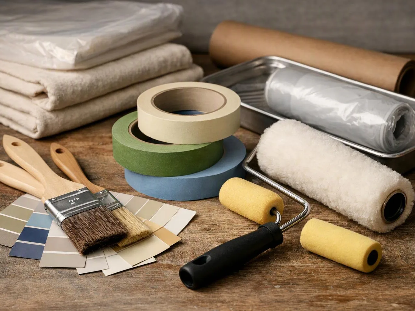 Painting supplies, including brushes, rollers, tape, color swatches, and folded cloths, sit on a wooden table
